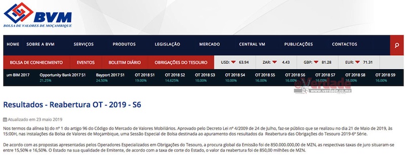 @Verdade Dívida Pública Interna de Moçambique sem compradores deixa Governo sem opções para financiar défice de 65 biliões de Meticais  Bolsa de Valores de Moçambique BVM Obrigações do Tesouro da 6ª, 7ª e 8ª séries Felisberto Navalha, Administrador do Banco de Moçambique Manuel Jorge Mendes Soares, Administrador Financeiro do Banco Comercial e de Investimentos Fundo Monetário Internacional FMI Ari Aisen 